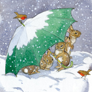Weihnachtskarte "Molly Brett: Rabbits Sheltering Under Umbrella"